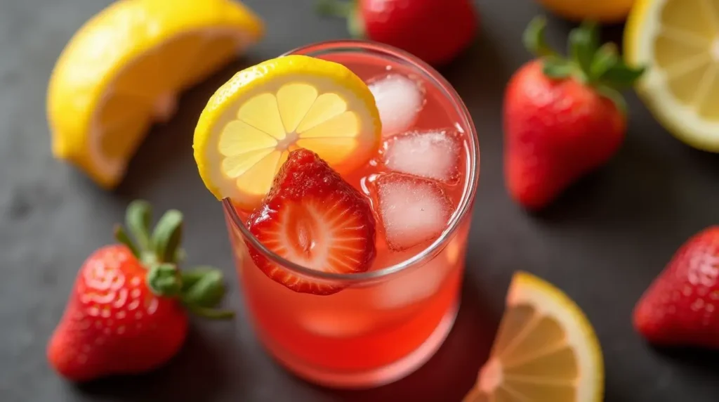 A vibrant strawberry lemon drop cocktail with a strawberry garnish.