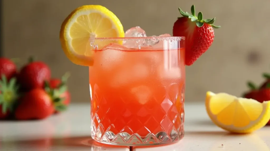 A vibrant strawberry lemon drop cocktail with a strawberry garnish.