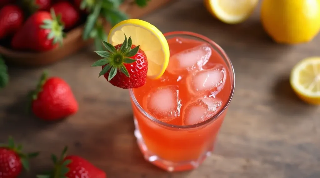 A vibrant strawberry lemon drop cocktail with a strawberry garnish.