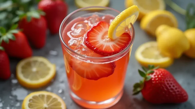 A vibrant strawberry lemon drop cocktail with a strawberry garnish.