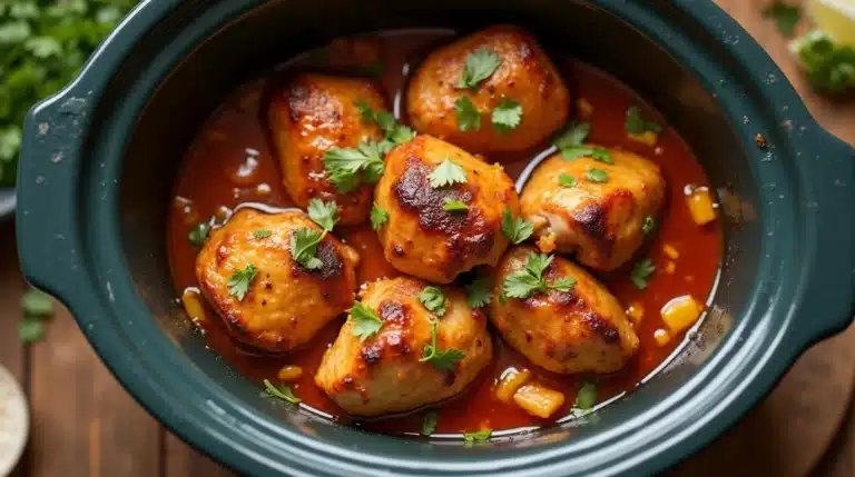 Sweet Hawaiian crockpot chicken served over rice, garnished with sesame seeds.