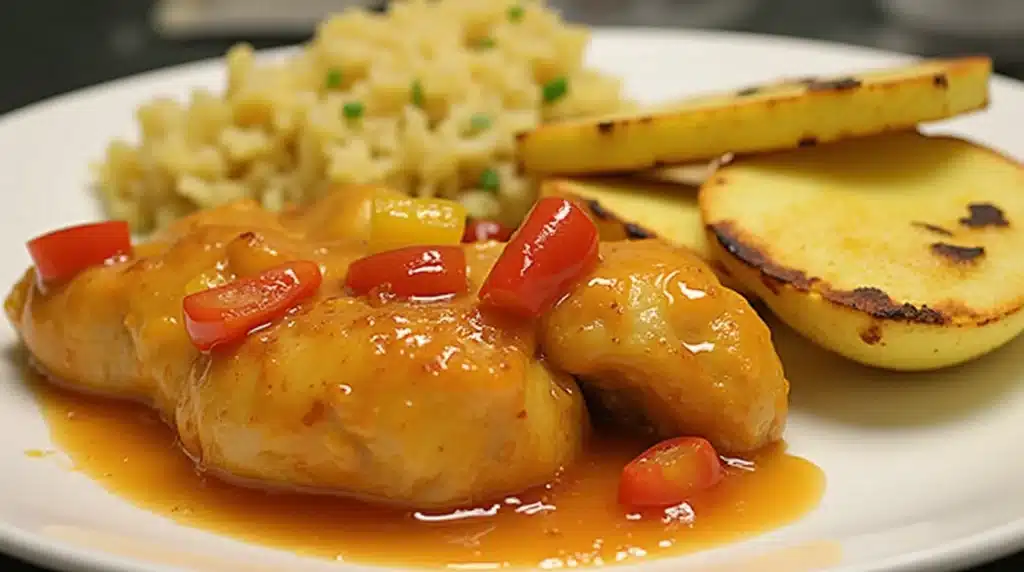 Sweet Hawaiian crockpot chicken served over rice, garnished with sesame seeds.