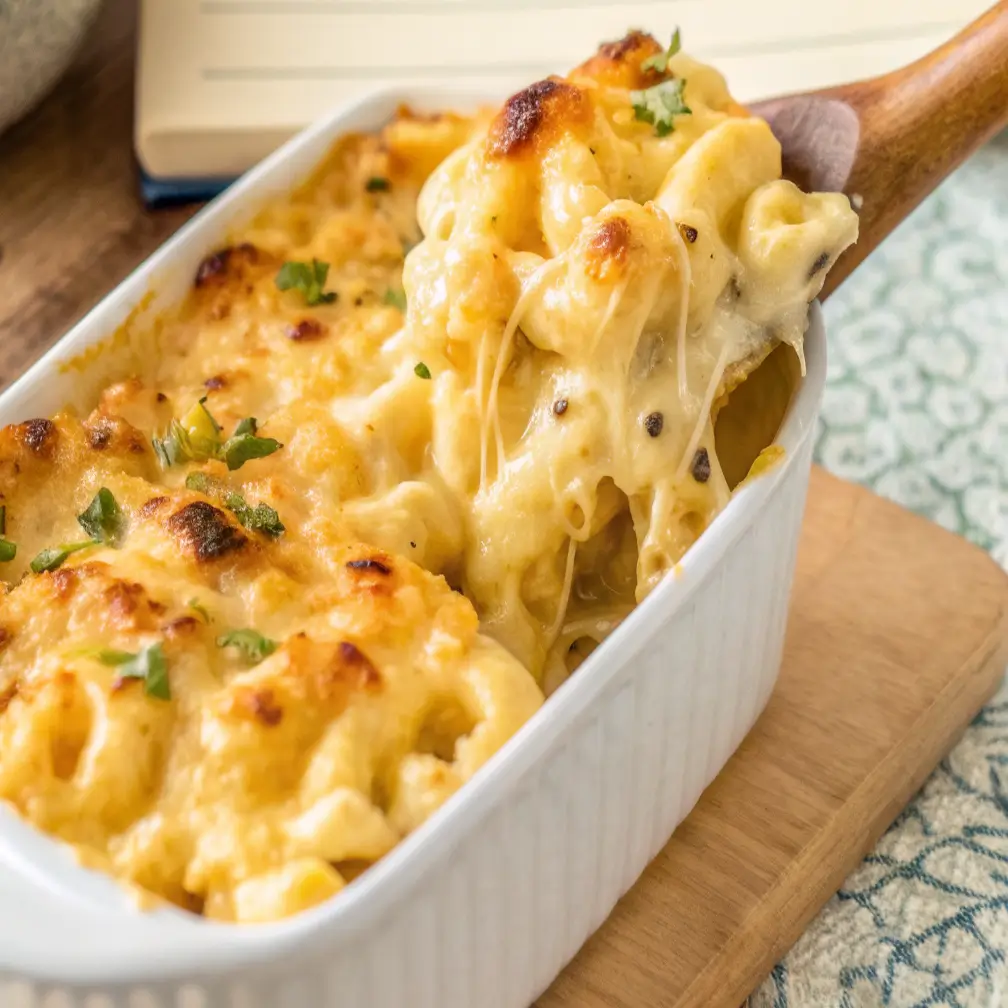 Tini's mac and cheese recipe, golden brown and bubbly, ready to be served.