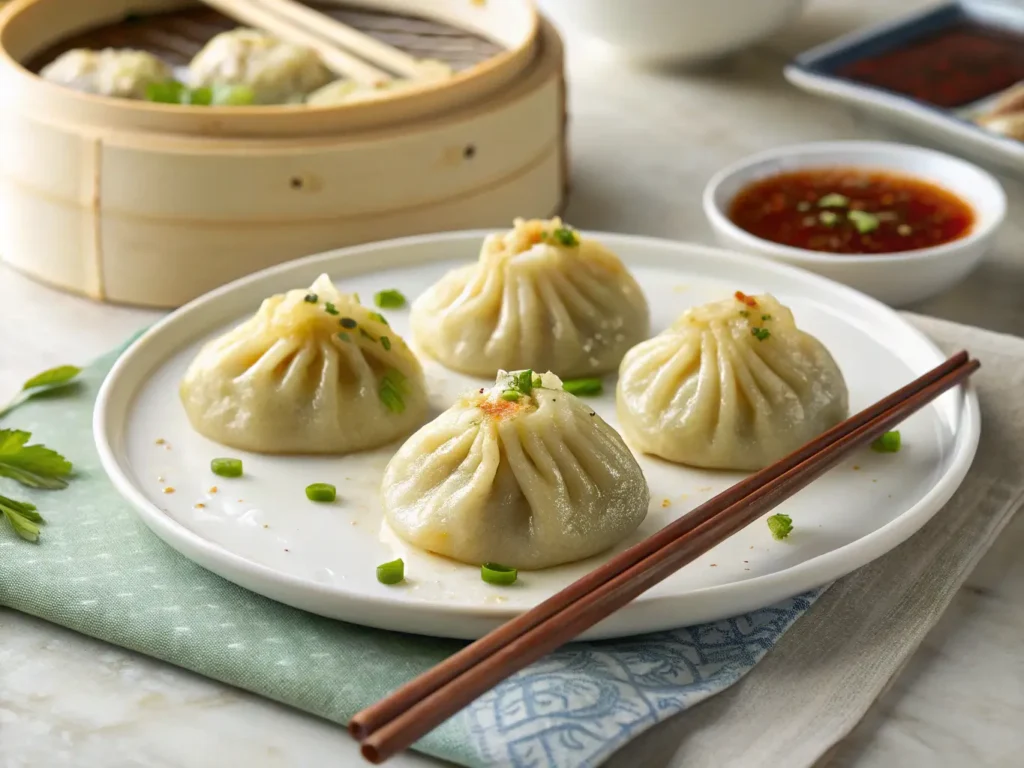 Homemade vegan xiaolongbao (soup dumplings) in bamboo steamer with ginger-black vinegar dipping sauce, agar agar broth visible in filling"