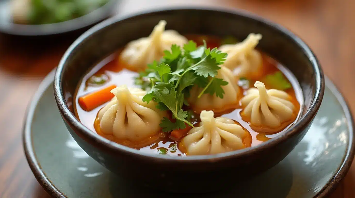 Vegetarian soup dumplings in bamboo steamer, ready to eat.