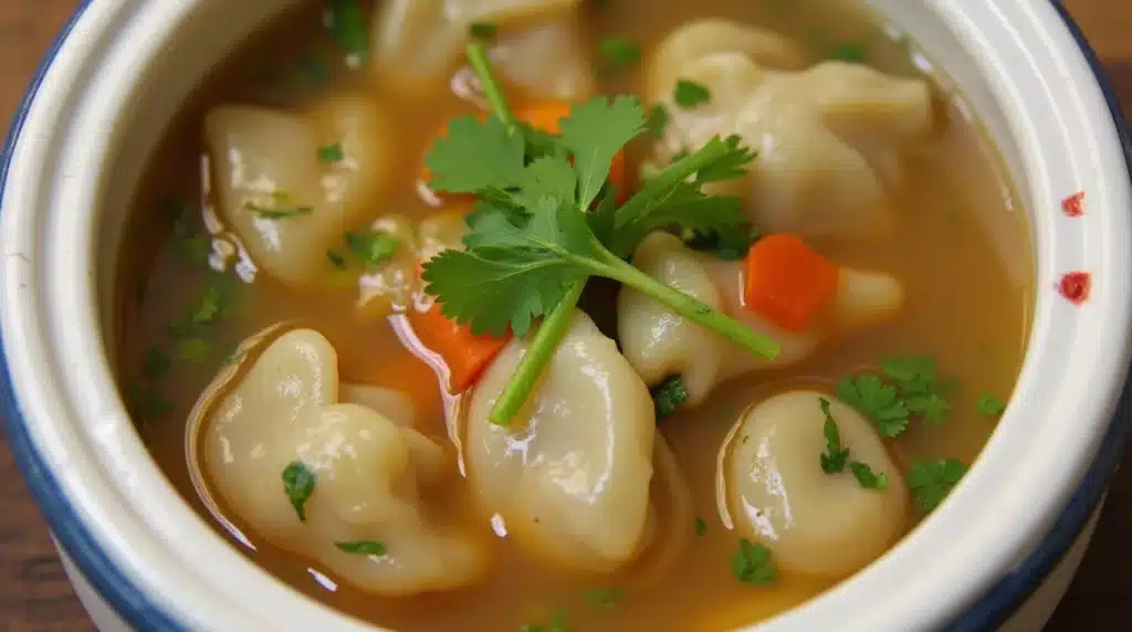 Vegetarian soup dumplings in bamboo steamer, ready to eat.