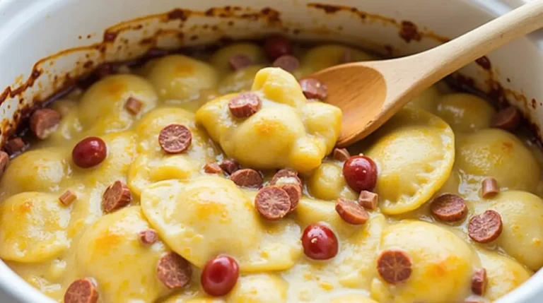 Crockpot Pierogi Casserole with Kielbasa 5 Crockpot pierogi casserole with kielbasa ready to serve.
