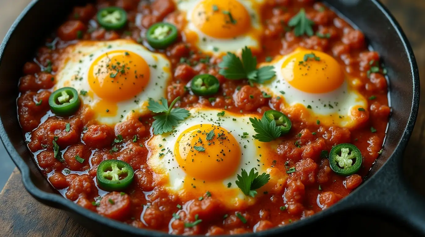 Delicious eggs chorizo and jalapenos breakfast skillet.