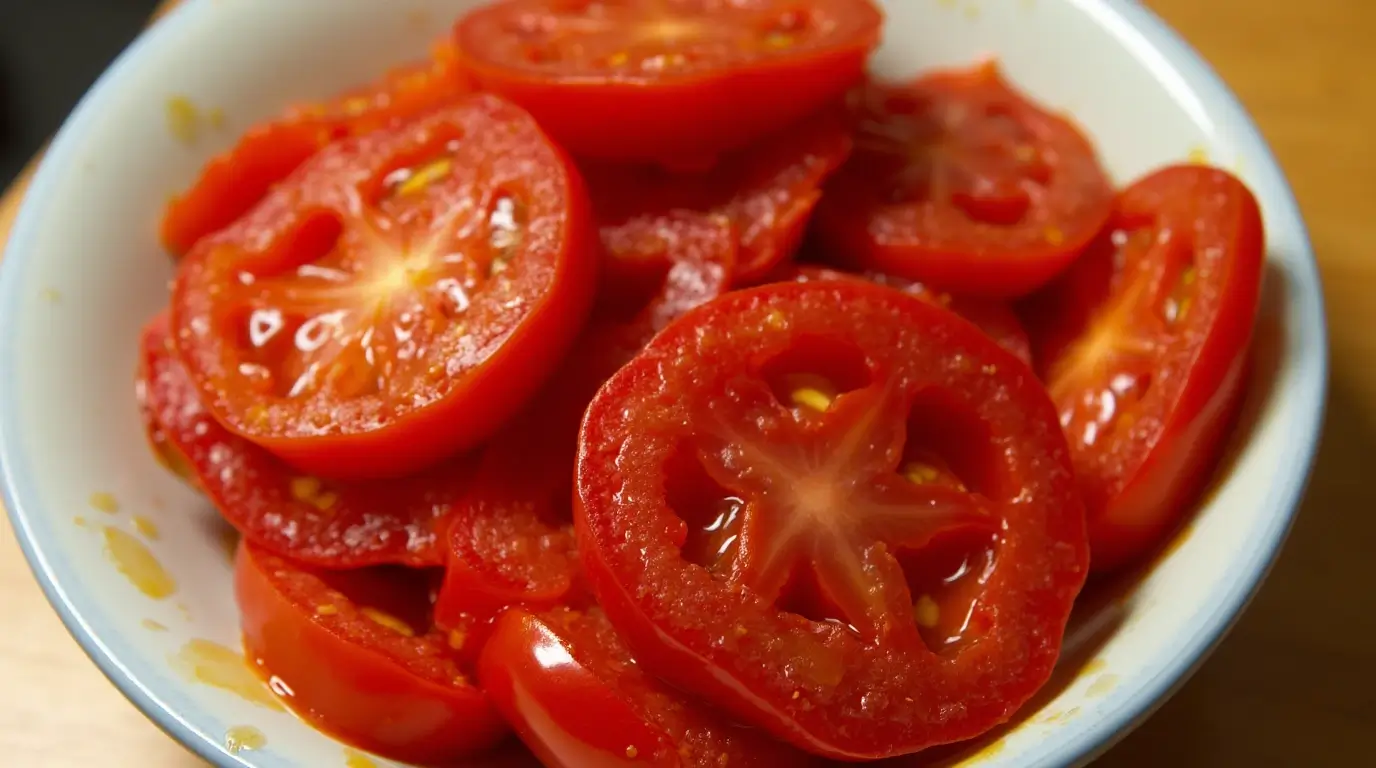 Close-up of fire roasted tomatoes showing charred skin and vibrant color.