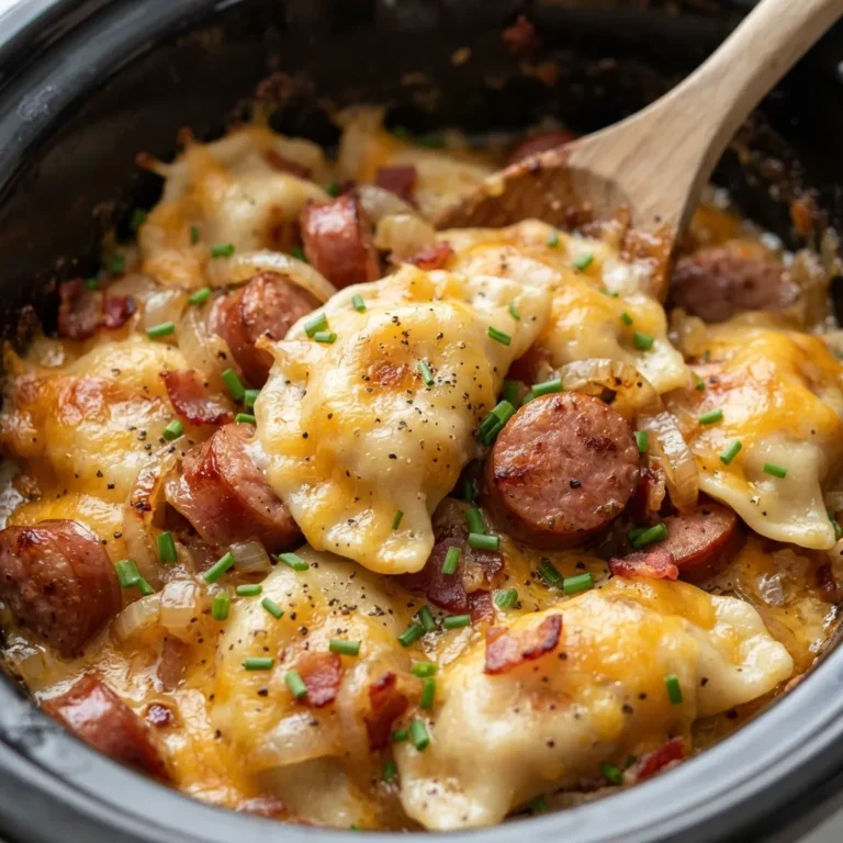 Crockpot Pierogi Casserole with Kielbasa 5 Crockpot pierogi casserole with kielbasa ready to serve.