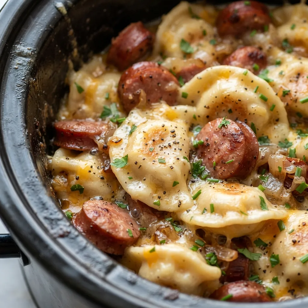 Crockpot Pierogi Casserole with Kielbasa 9 A close-up shot of crockpot pierogi casserole with kielbasa, showcasing the melted cheese, tender pierogi, and savory kielbasa. Perfect for a comforting and easy meal.