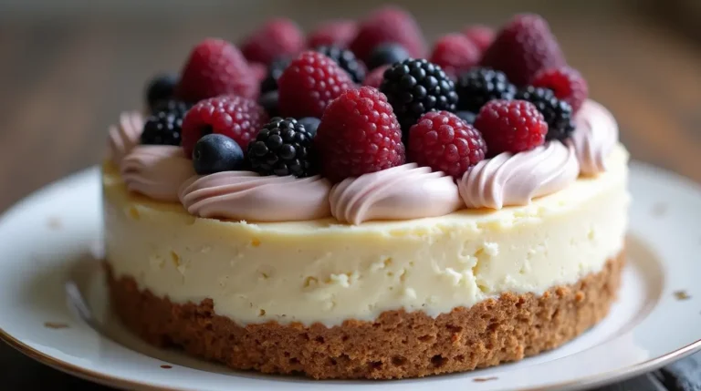 Delicious White Chocolate and Blackberry Cheesecake Recipe 5 Creamy white chocolate and blackberry cheesecake with fresh blackberries.