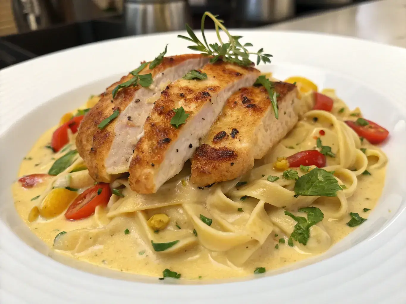 Marry Me Chicken Pasta recipe close-up with creamy sauce and fresh basil