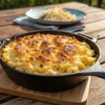 smoked mac and cheese in cast iron skillet