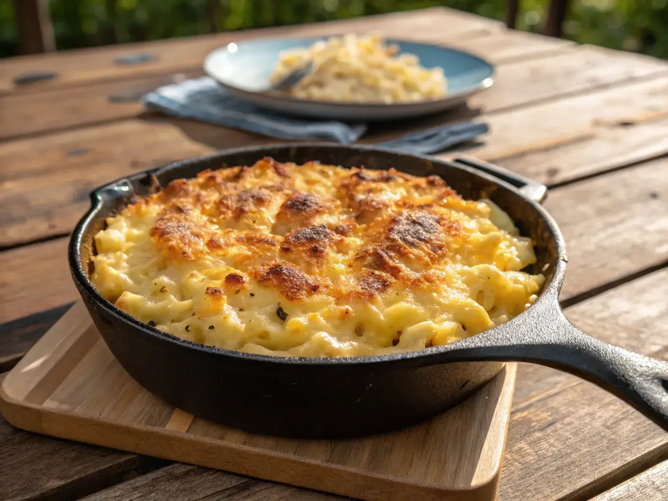 smoked mac and cheese in cast iron skillet