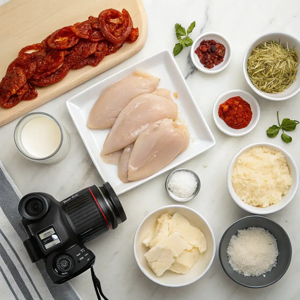 Ingredients for Marry Me Chicken Pasta displayed on kitchen counter