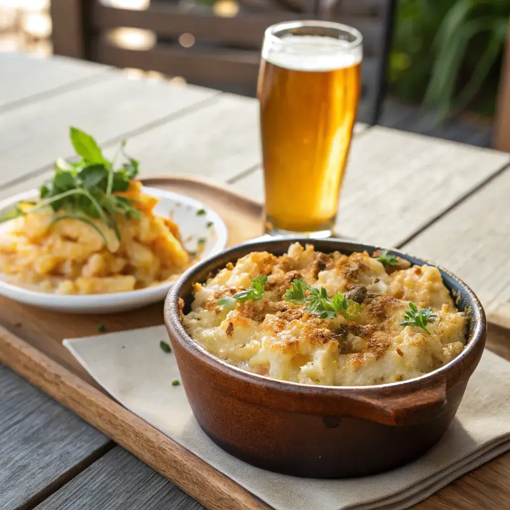 serving smoked mac and cheese with cold beer
