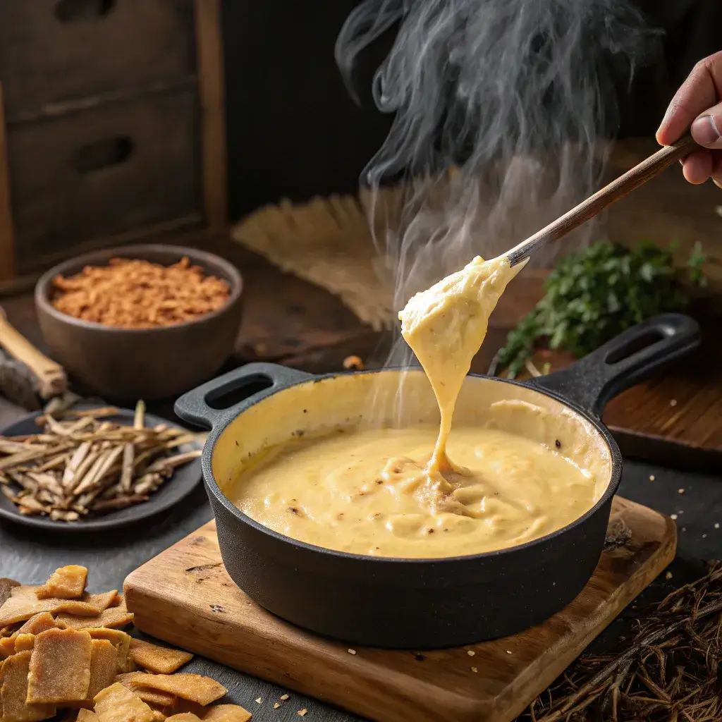 stirring creamy cheese sauce for smoked mac and cheese