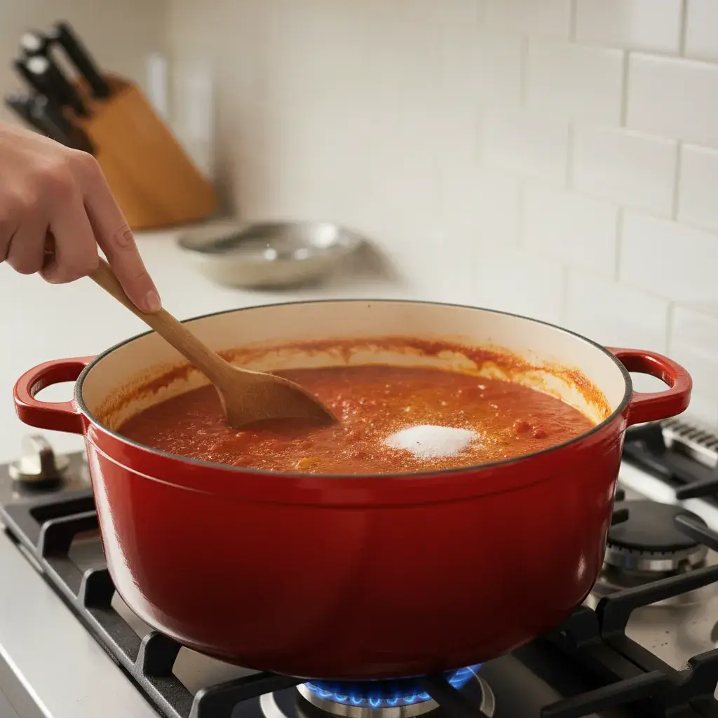 crushed tomatoes, tomato sauce, broth, and water. Stir in the sugar, salt, and pepper