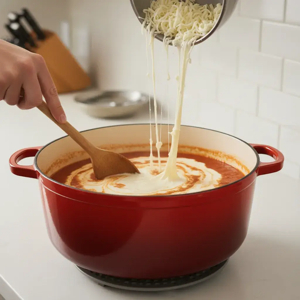 shredded mozzarella until the cheese is melted and the soup is beautifully creamy