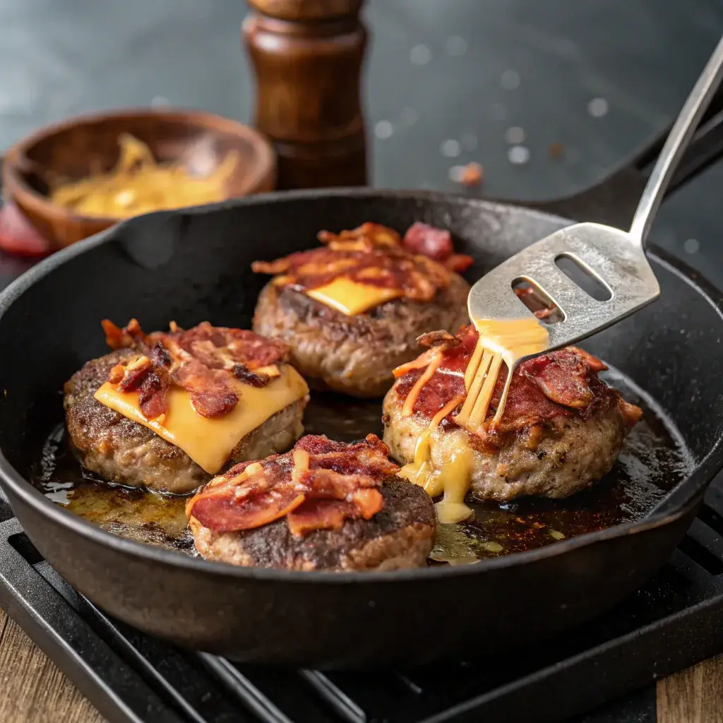 stove with sizzling beef patties mixed with cheese and bacon, slightly charred edges, with a spatula flipping one of the patties