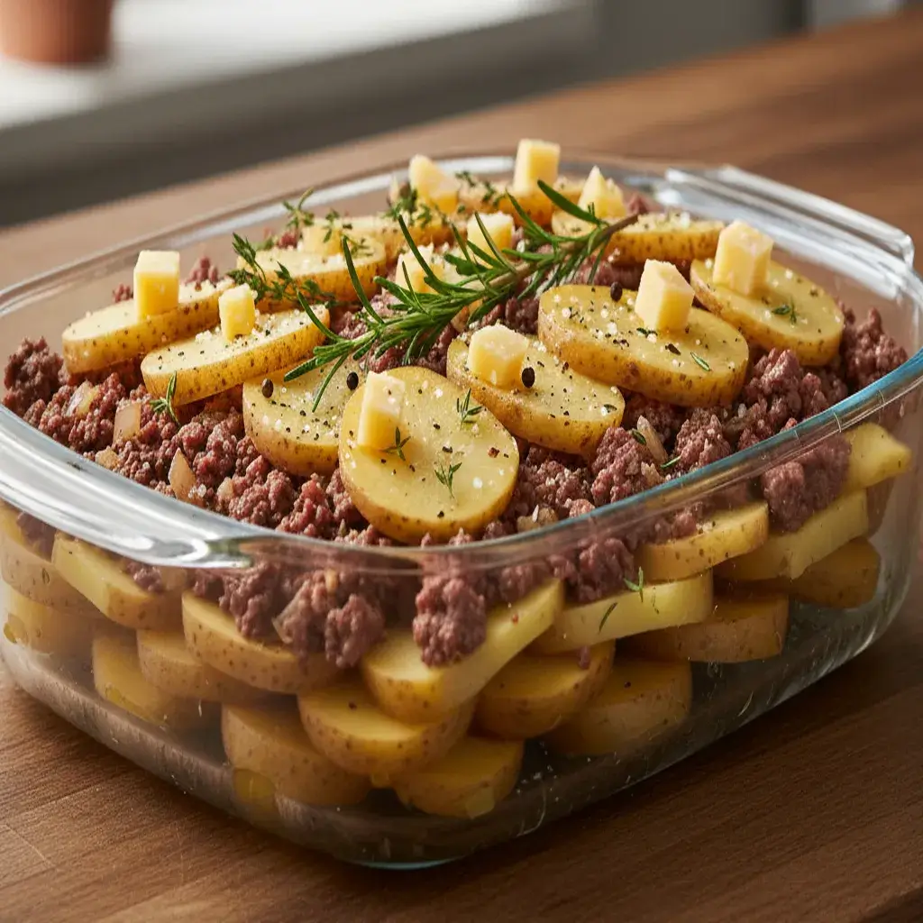 “Layering potatoes and beef mixture in casserole dish”