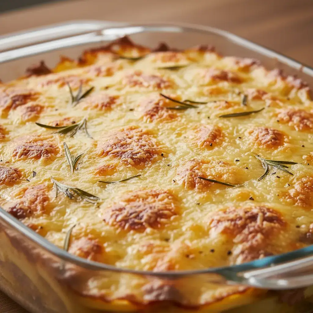 “Close-up of melted cheese bubbling on casserole”