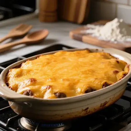 “Close-up of melted cheese bubbling on casserole”