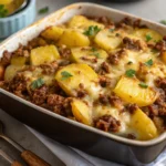 Cheesy Ground Beef & Potato Casserole fresh from oven”