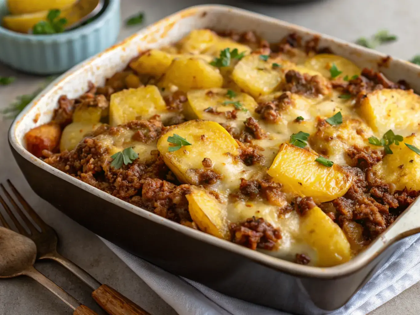 Cheesy Ground Beef & Potato Casserole fresh from oven”