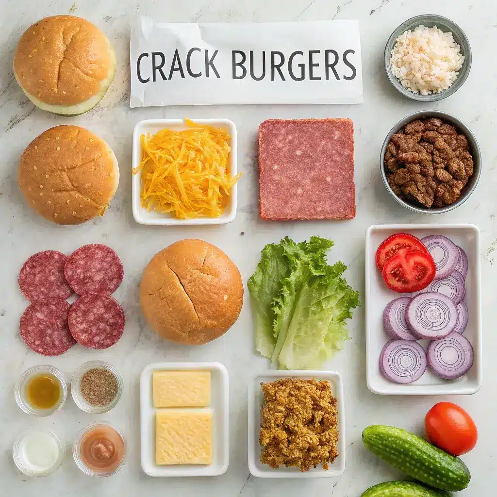 raw ingredients for Crack Burgers: ground beef, shredded cheddar cheese, cooked bacon strips, ranch seasoning packet