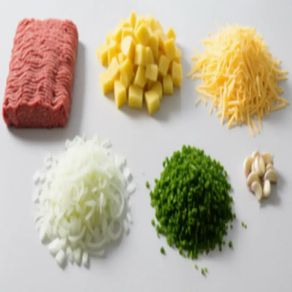 “Ingredients for Cheesy Ground Beef & Potato Casserole on counter”