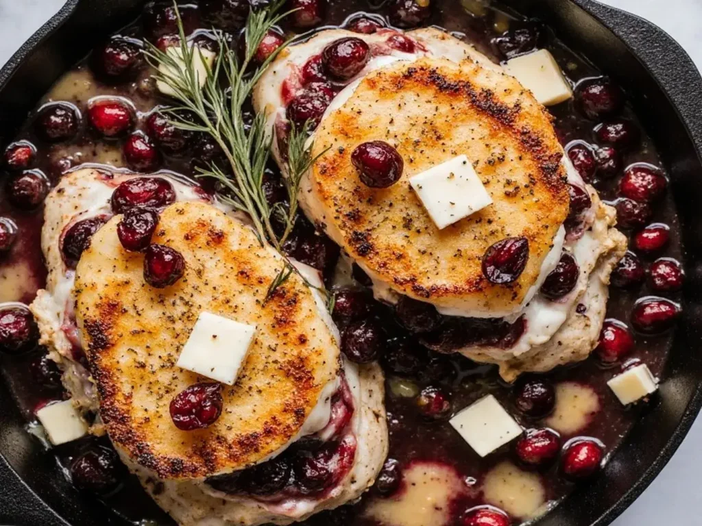 cranberry brie stuffed chicken sliced open