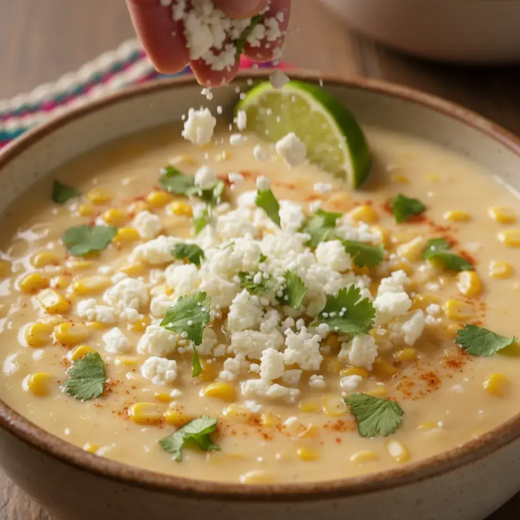 Garnished Mexican Street Corn Soup with cotija and cilantro