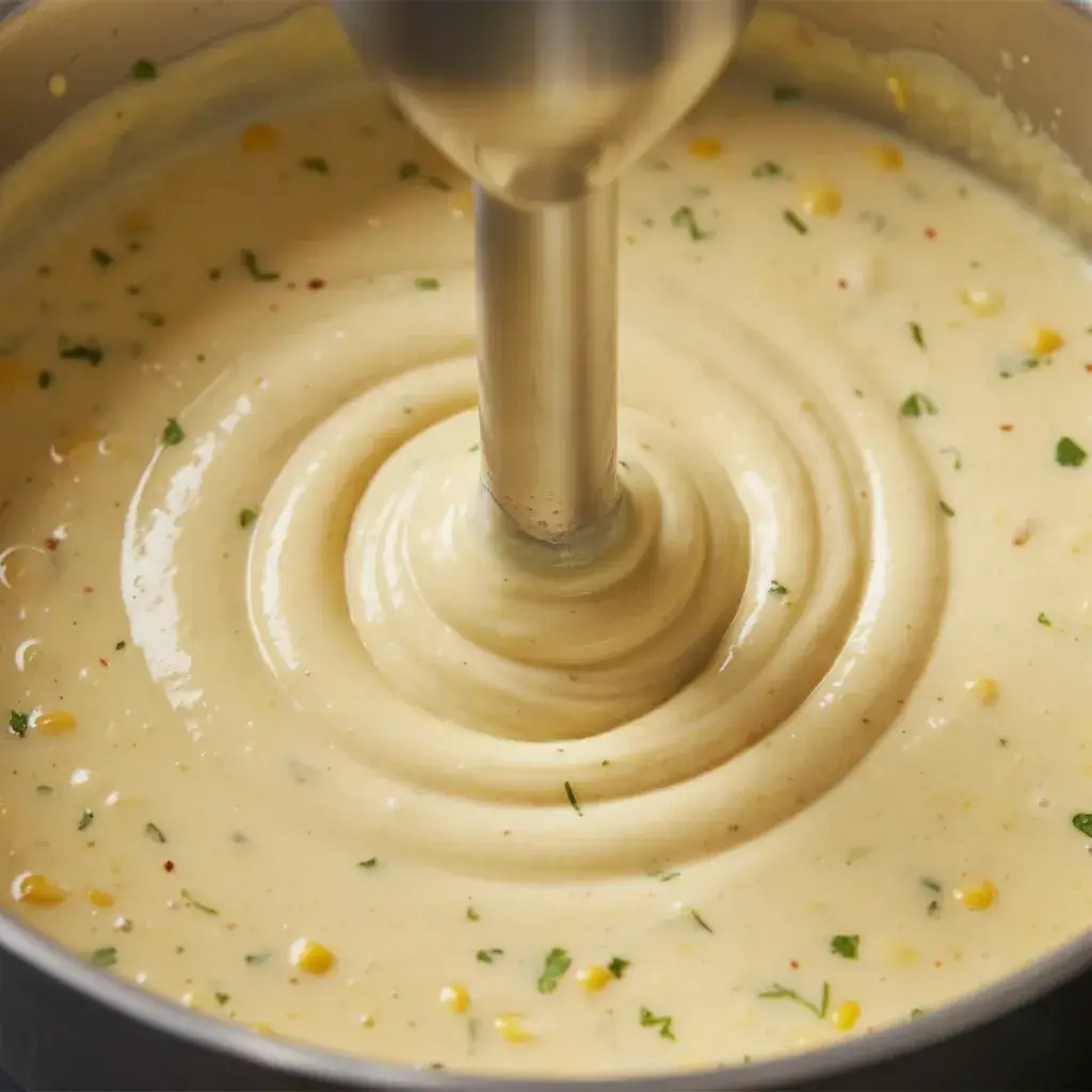 Blending Mexican Street Corn Soup in pot