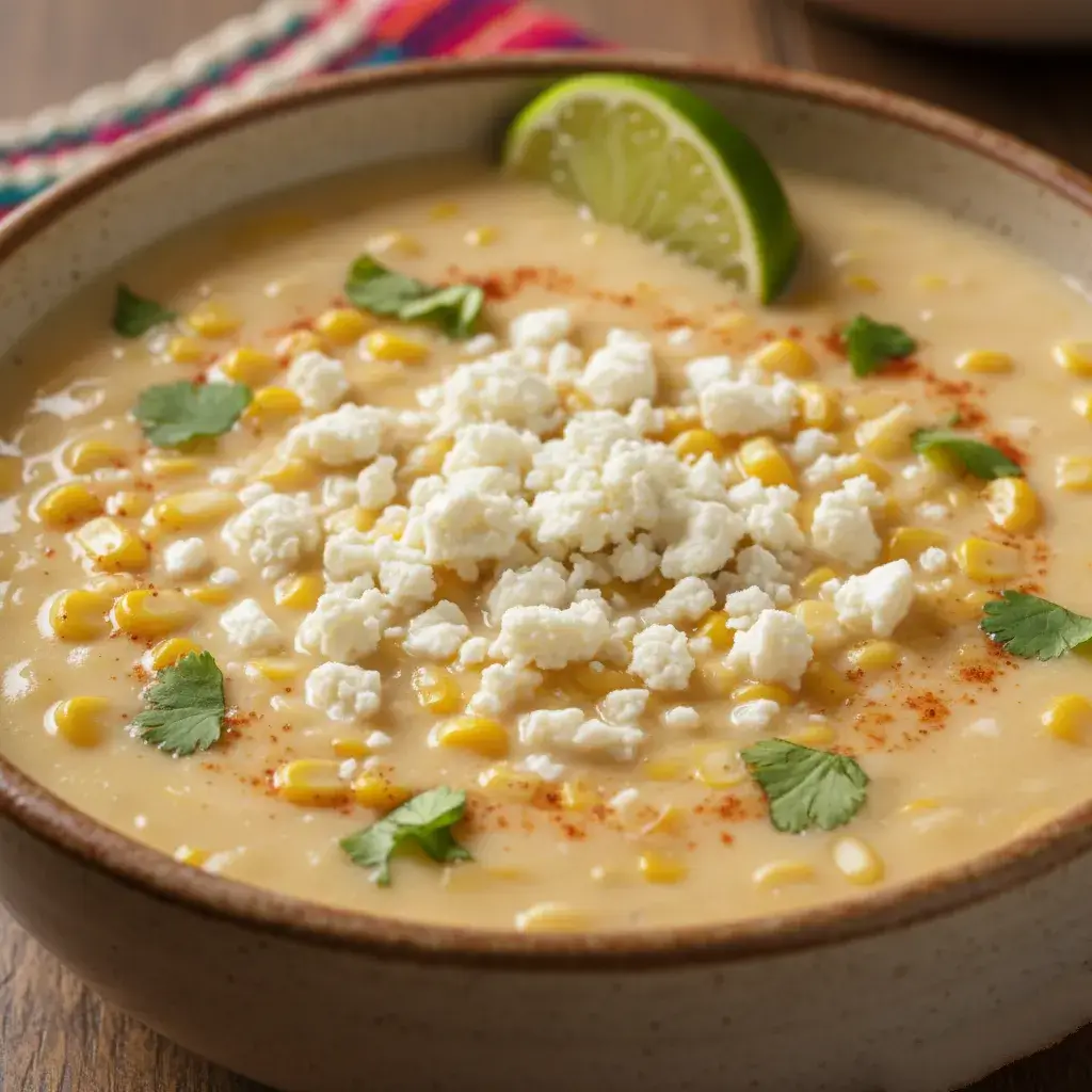 Mexican Street Corn Soup in bowl with garnishes