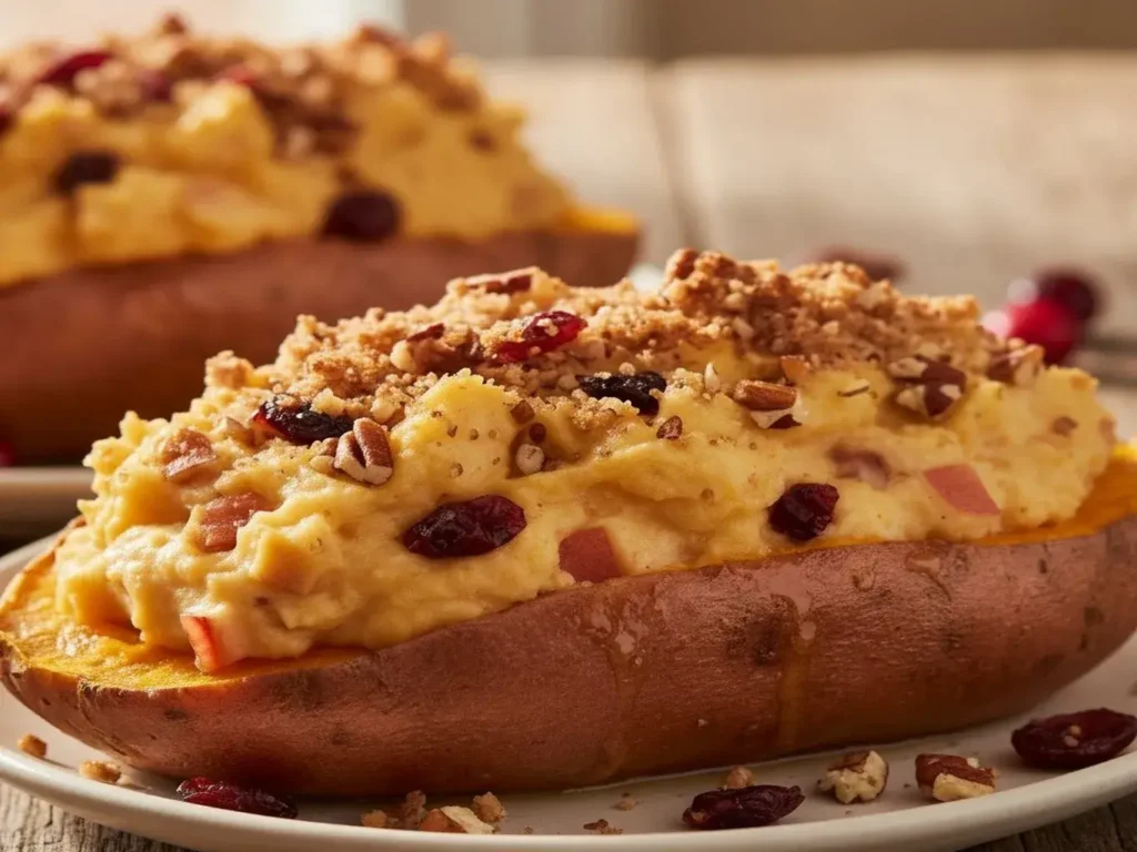 cranberry apple twice-baked sweet potatoes on a plate