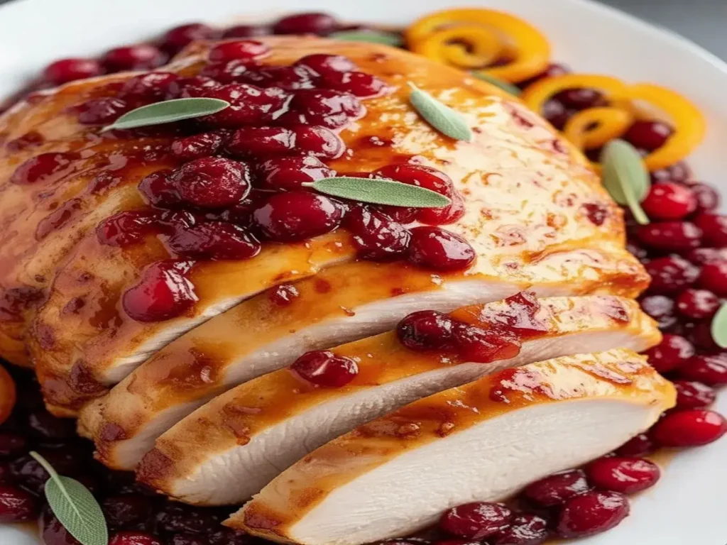 juicy cranberry orange glazed turkey breast on a wooden platter