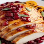 juicy cranberry orange glazed turkey breast on a wooden platter