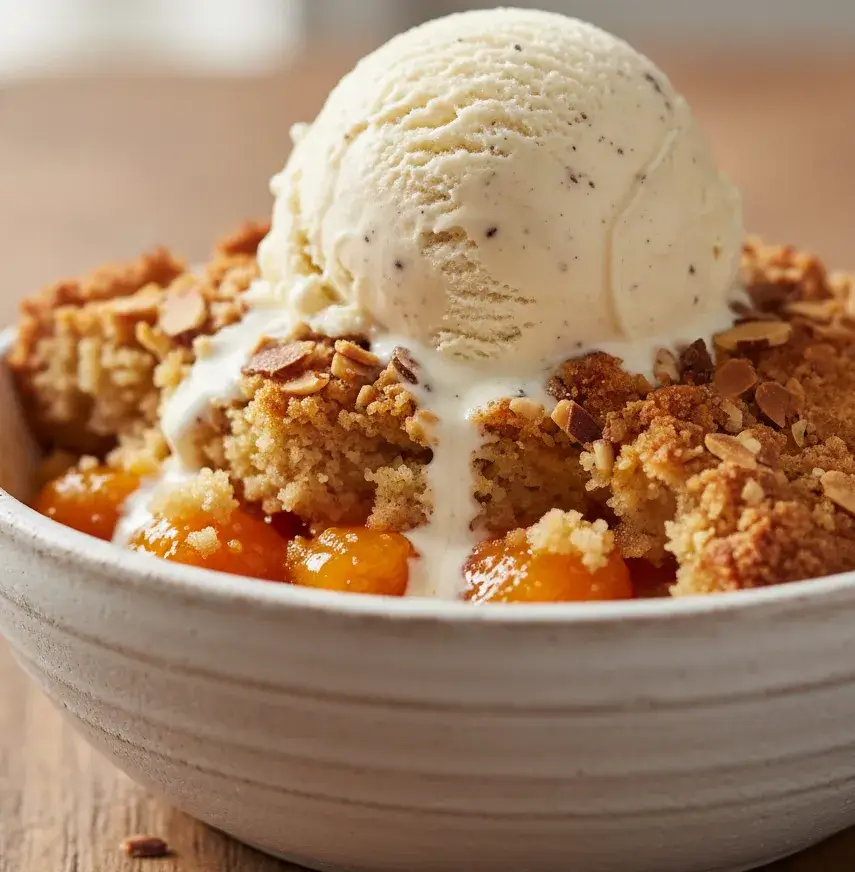 dump-cake-with-apricots-and-almonds-with-ice-cream