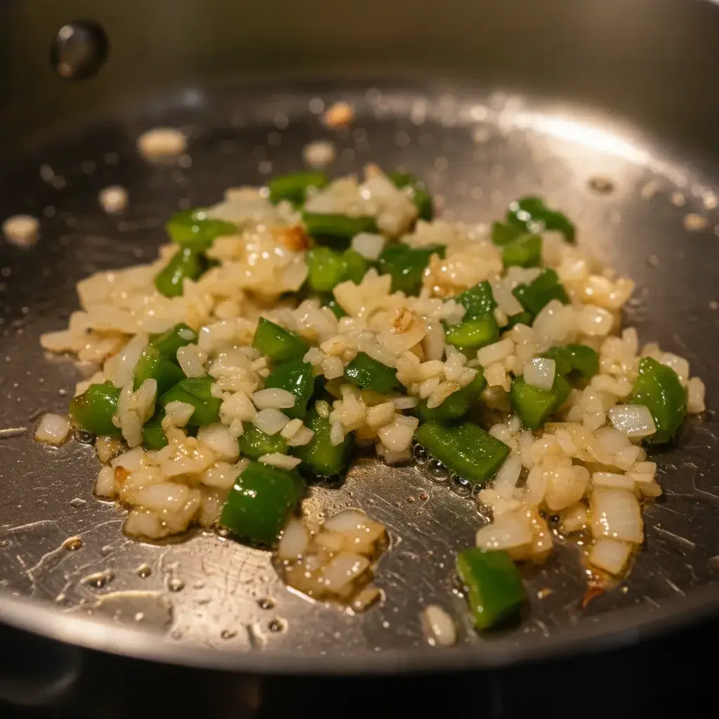 Onion, garlic and poblano sautéing for Mexican Street Corn Soup