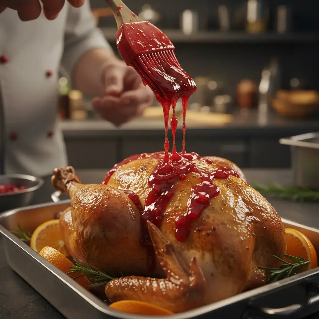 brushing cranberry orange glaze onto turkey breast