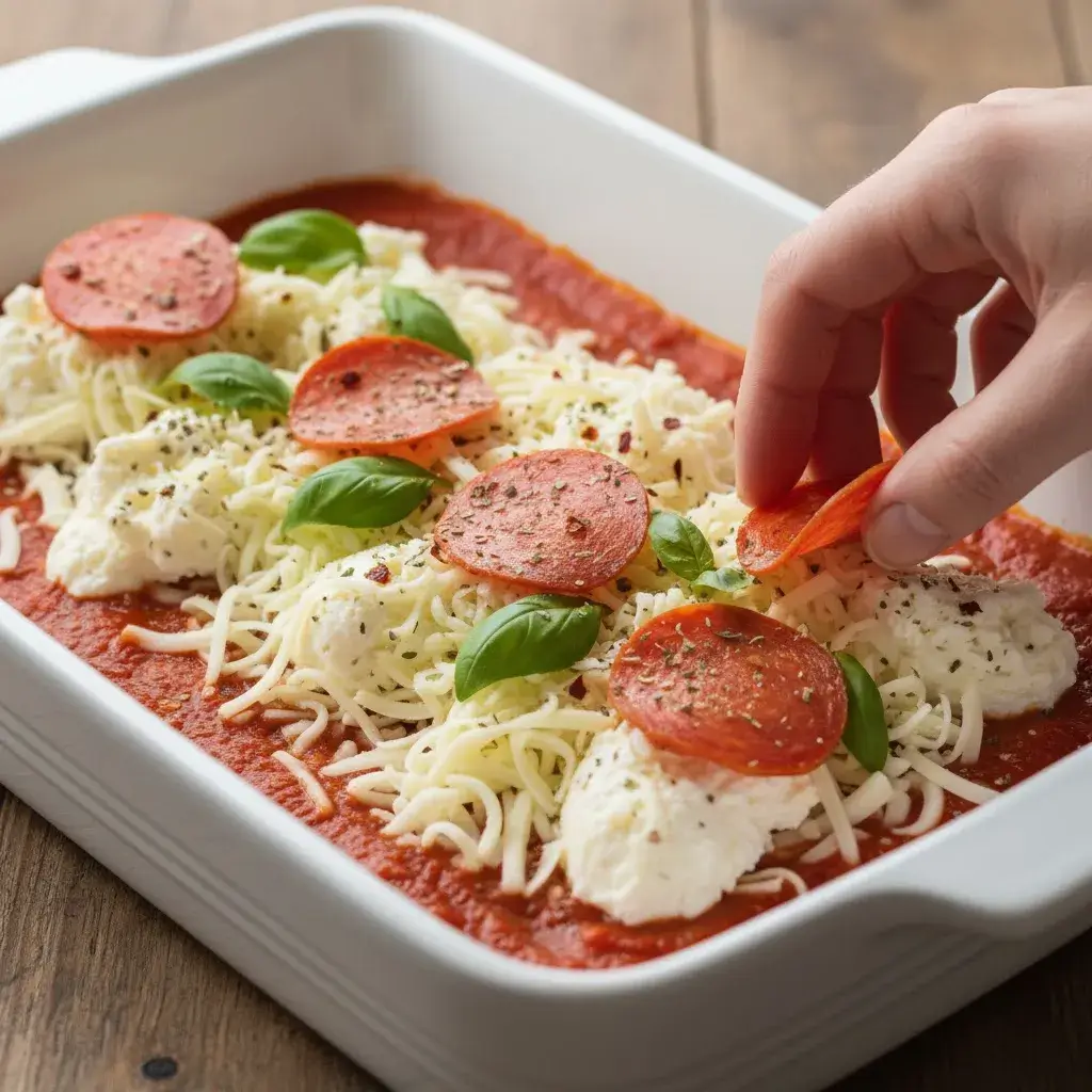 Layering ingredients for Pizza Style Cottage Cheese Bake