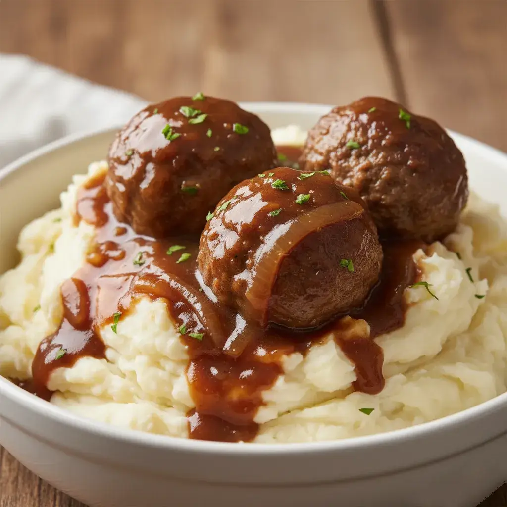 french-onion-meatballs-over-mashed-potatoes