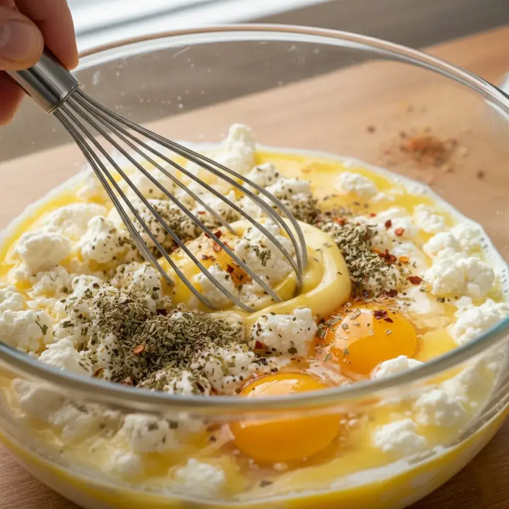 Mixing ingredients for Pizza Style Cottage Cheese Bake