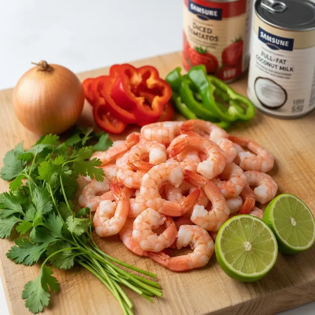 Fresh ingredients for Moqueca de Camarao Brazilian shrimp stew, flat lay