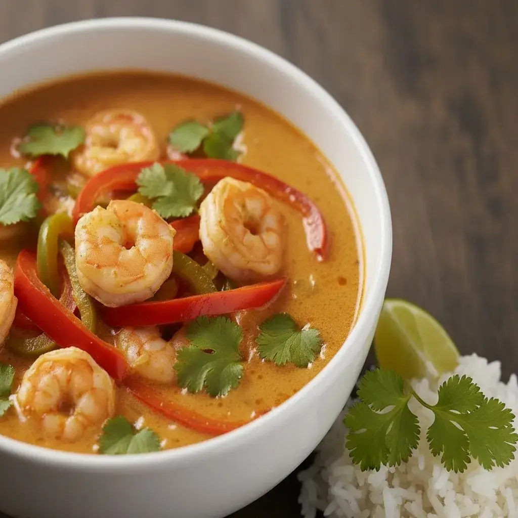 Served Moqueca de Camarao with white rice and lime, Brazilian shrimp stew