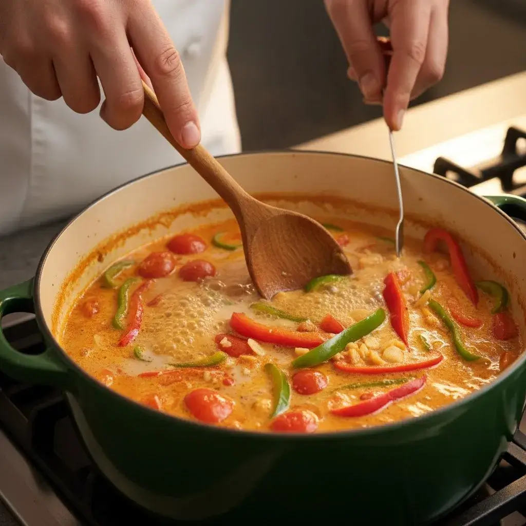 Hands stirring a pot of Moqueca de Camarao, Brazilian shrimp stew ingredients simmering