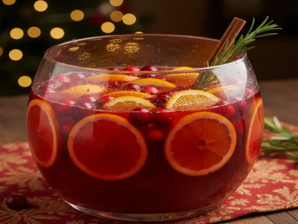 festive non alcoholic christmas punch in a glass bowl