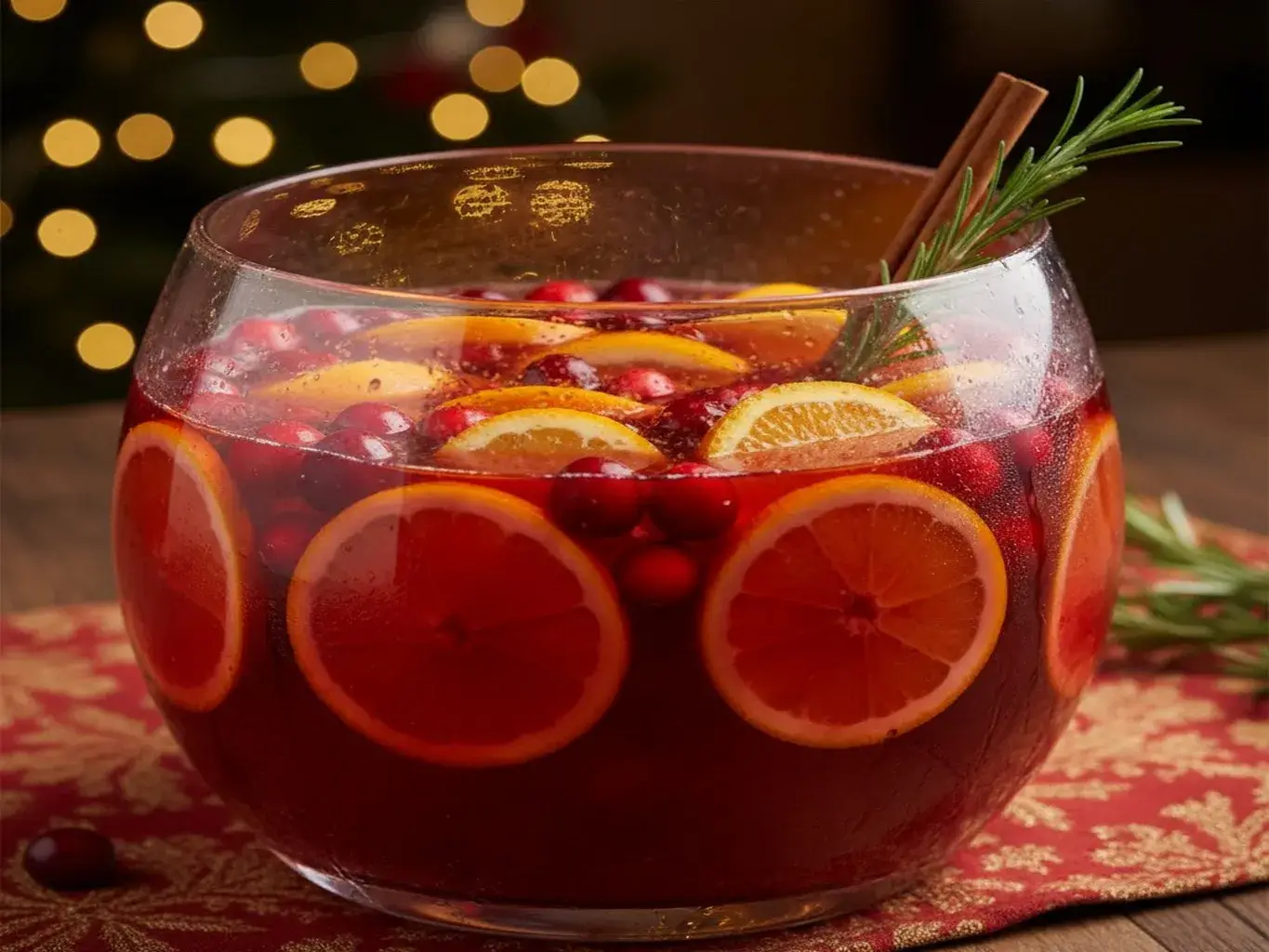 festive non alcoholic christmas punch in a glass bowl